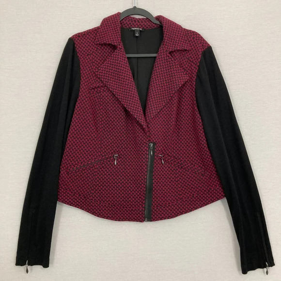 Torrid Pink Black Check Pattern Zip Up Stretch Knit Moto Jacket size 1X - Picture 1 of 11
